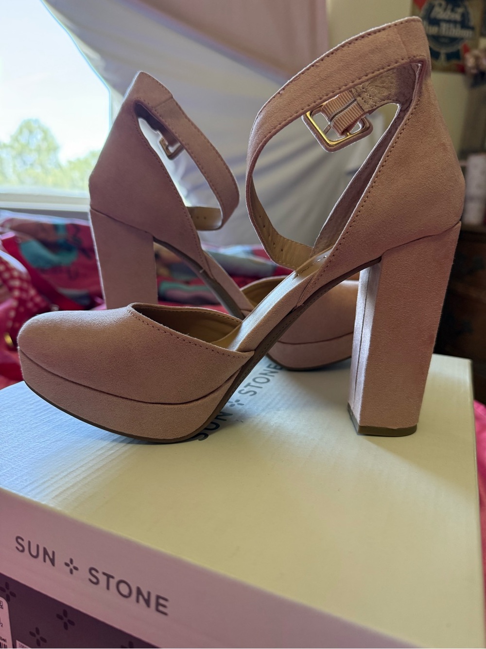 Sun + Stone Dusty Rose Platform Block Heels with Ankle Strap